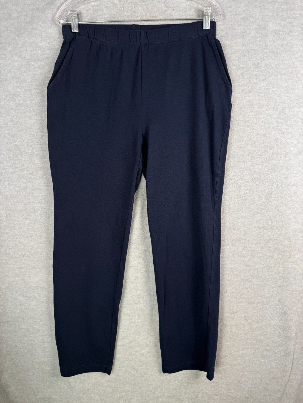 Lands End M Sport Knit Straight Leg Pull On Pants Pockets Navy Blue 100% Cotton